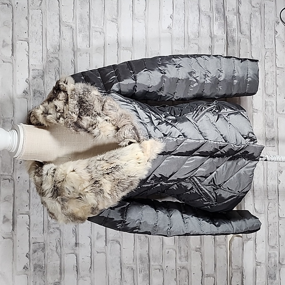 Bebe Rabbit Fur Trimmed Silver Puffer Jacket Coat